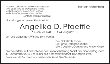 Todesanzeige von Angelika D. Pfaeffle von Trauer.de