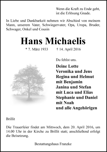 Todesanzeige von Hans Michaelis von Trauer.de