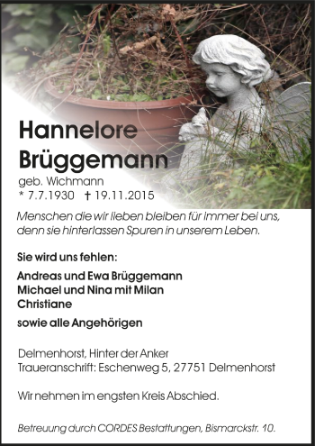 Todesanzeige von Hannelore Brüggemann von Trauer.de