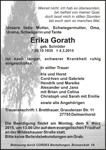 Todesanzeige von Erika Gorath von Trauer.de