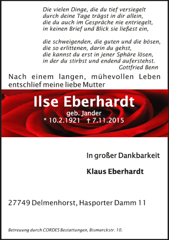Todesanzeige von Ilse Eberhardt von Trauer.de