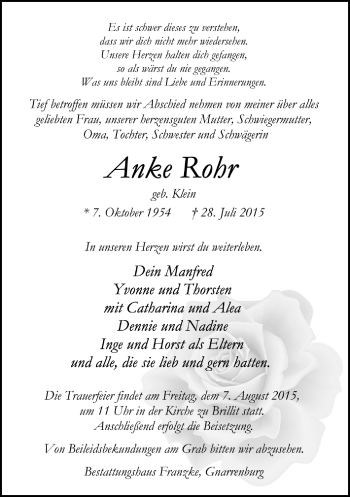 Todesanzeige von Anke Rohr von Trauer.de