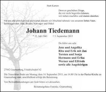 Todesanzeige von Johann Tiedemann von Trauer.de