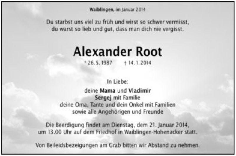  Traueranzeige für Alexander Root vom 19.03.2014 aus Waiblingen