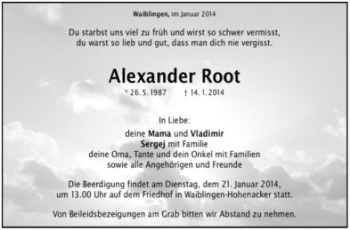 Todesanzeige von Alexander Root von Waiblingen