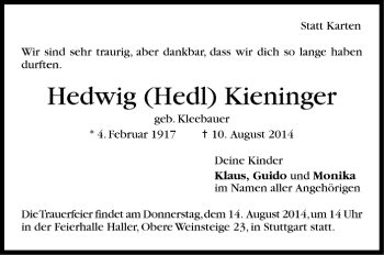 Todesanzeige von Hedwig Kieninger von Trauer.de