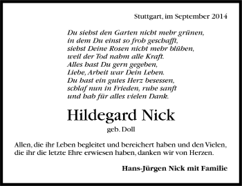 Todesanzeige von Hildegard Nick von Trauer.de