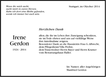 Todesanzeige von Irene Gerdon von Trauer.de