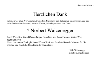 Todesanzeige von Norbert Waizenegger von Trauer.de