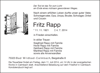 Todesanzeige von Fritz Rapp von Trauer.de