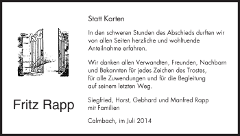 Todesanzeige von Fritz Rapp von Trauer.de