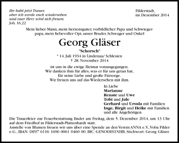 Todesanzeige von Georg Gläser von Trauer.de