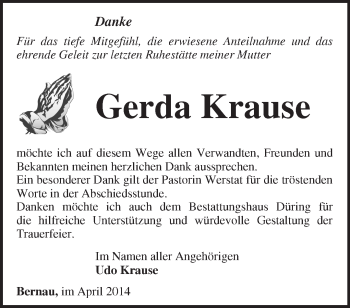 Todesanzeige von Gerda Krause von Region Chiemgau