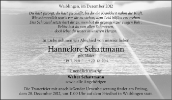 Todesanzeige von Hannelore Schattmann von Waiblingen