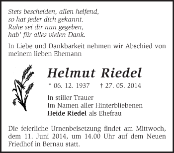 Todesanzeige von Helmut Riedel von Region Chiemgau