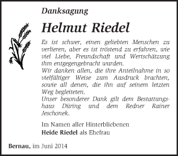 Todesanzeige von Helmut Riedel von Trauer.de