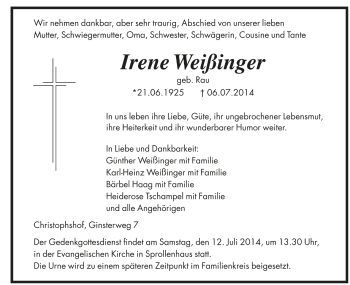 Todesanzeige von Irene Weißinger von Trauer.de