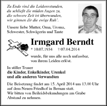 Todesanzeige von Irmgard Berndt von Region Chiemgau