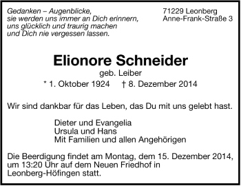 Todesanzeige von Elionore Schneider von Trauer.de