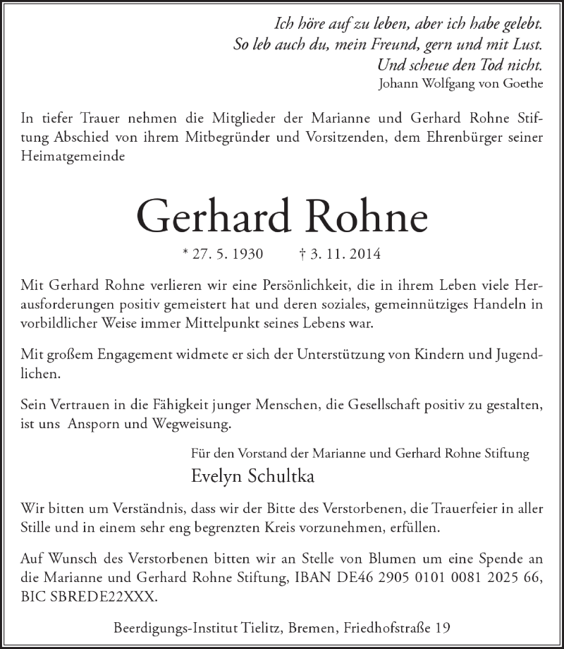  Traueranzeige für Gerhard Rohne vom 17.12.2014 aus Trauer.de