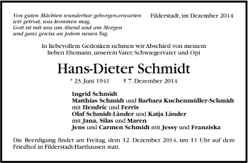Todesanzeige von Hans-Dieter Schmidt von Trauer.de