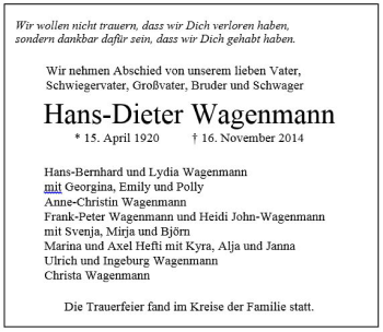 Todesanzeige von Hans-Dieter Wagenmann von Trauer.de