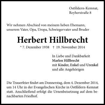 Todesanzeige von Herbert Hillbrecht von Trauer.de