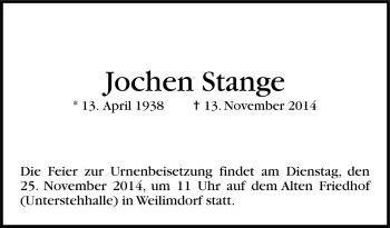 Todesanzeige von Jochen Stange von Trauer.de