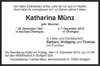 Todesanzeige von Katharina Münz von Trauer.de