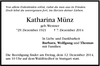 Todesanzeige von Katharina Münz von Trauer.de