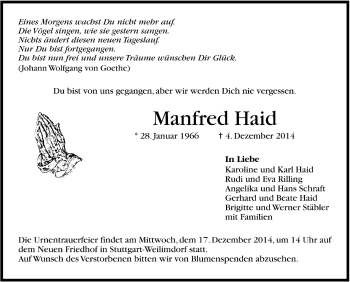 Todesanzeige von Manfred Haid von Trauer.de