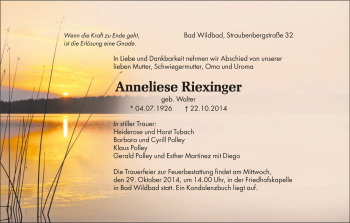 Todesanzeige von Anneliese Riexinger von Trauer.de