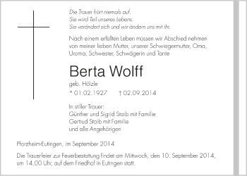 Todesanzeige von Berta Wolff von Trauer.de