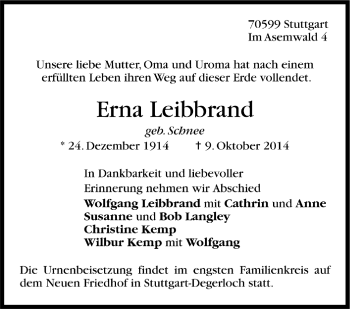 Todesanzeige von Erna Leibbrand von Trauer.de