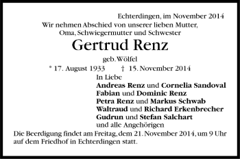 Todesanzeige von Gertrud Renz von Trauer.de