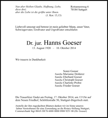 Todesanzeige von Hanns Goeser von Trauer.de