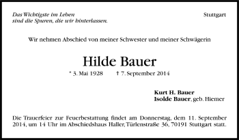 Todesanzeige von Hilde Bauer von Trauer.de