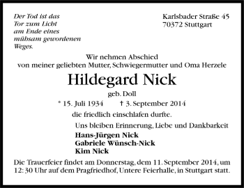 Todesanzeige von Hildegard Nick von Trauer.de