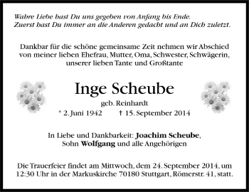 Todesanzeige von Inge Scheube von Trauer.de