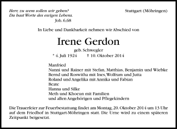 Todesanzeige von Irene Gerdon von Trauer.de