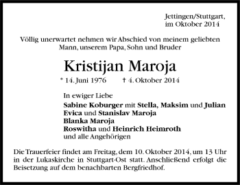 Todesanzeige von Kristijan Maroja von Trauer.de