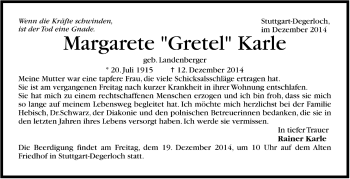 Todesanzeige von Margarete Karle von Trauer.de