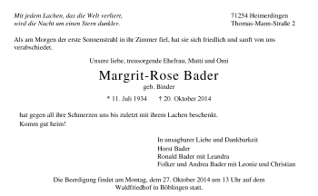 Todesanzeige von Margrit-Rose Bader von Trauer.de