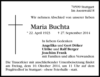 Todesanzeige von Maria Buchta von Trauer.de