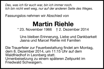 Todesanzeige von Martin Riehle von Trauer.de