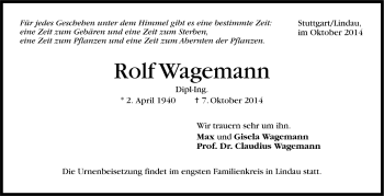 Todesanzeige von Rolf Wagemann von Trauer.de