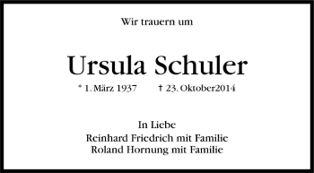Todesanzeige von Ursula Schuler von Trauer.de