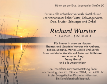 Todesanzeige von Richard Wurster von Trauer.de