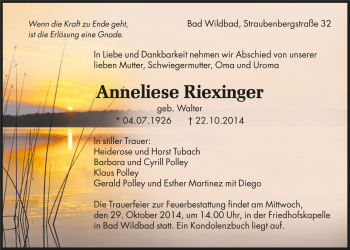 Todesanzeige von Anneliese Riexinger von Trauer.de
