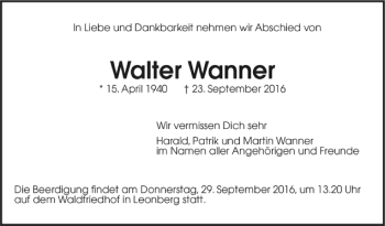 Todesanzeige von Walter Wanner von Trauer.de